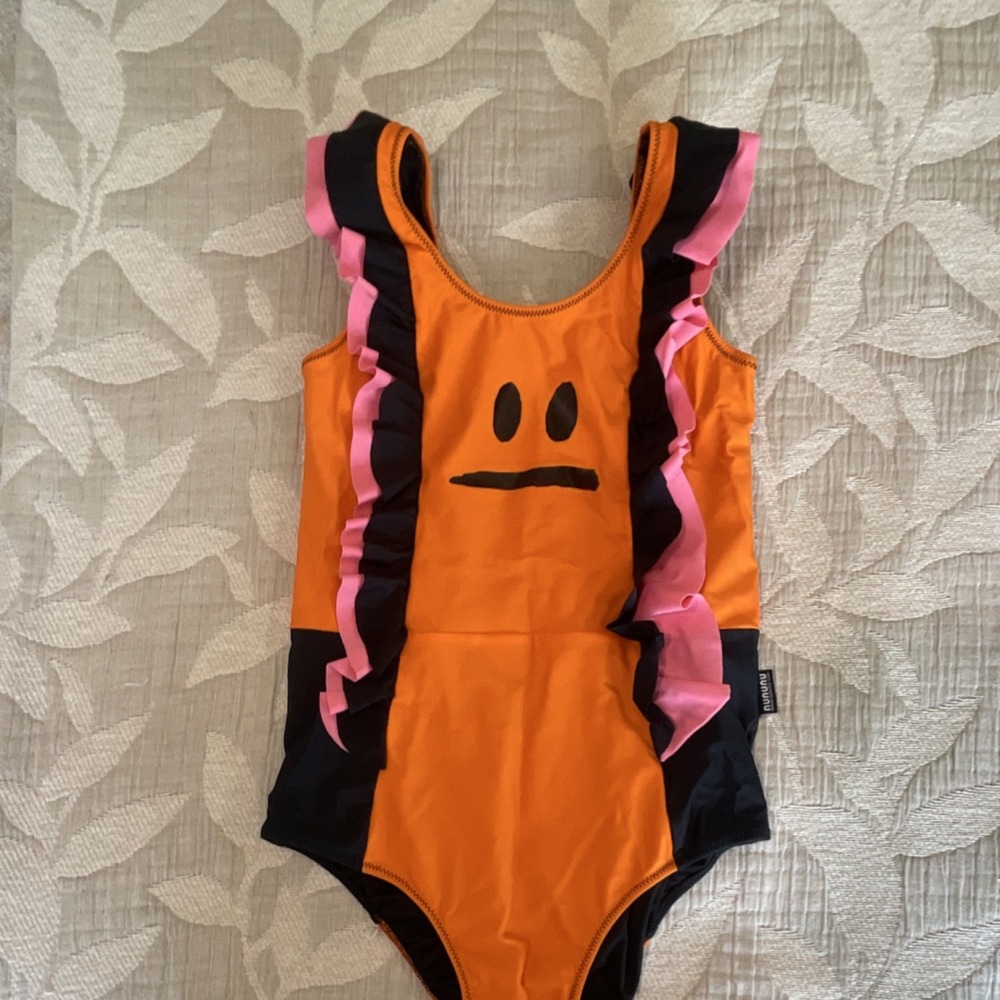 nununu Girls One-Piece Swimsuit Ruffle Graphic Face Orange/Black/Pink 12-14